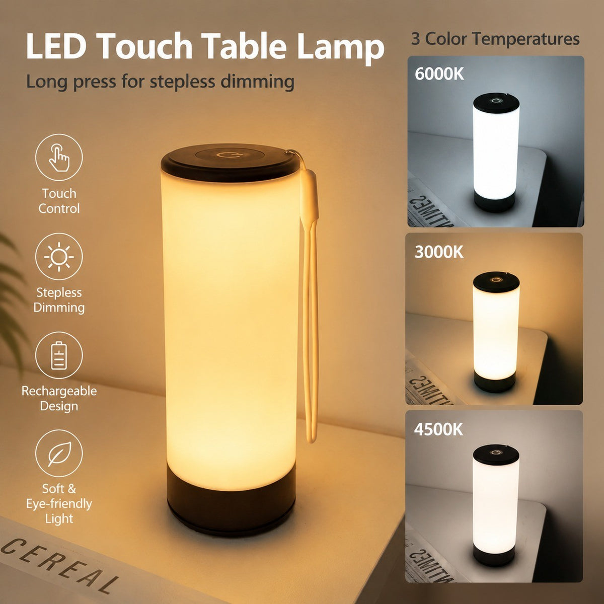 Rechargeable LED Touch Table Lamp, Bedside Night Light, Dimmable Atmosphere Lamp for Bedroom
