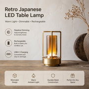 Retro Japanese LED Table Lamp, Dimmable USB Charging, Minimalist Metal Night Light for