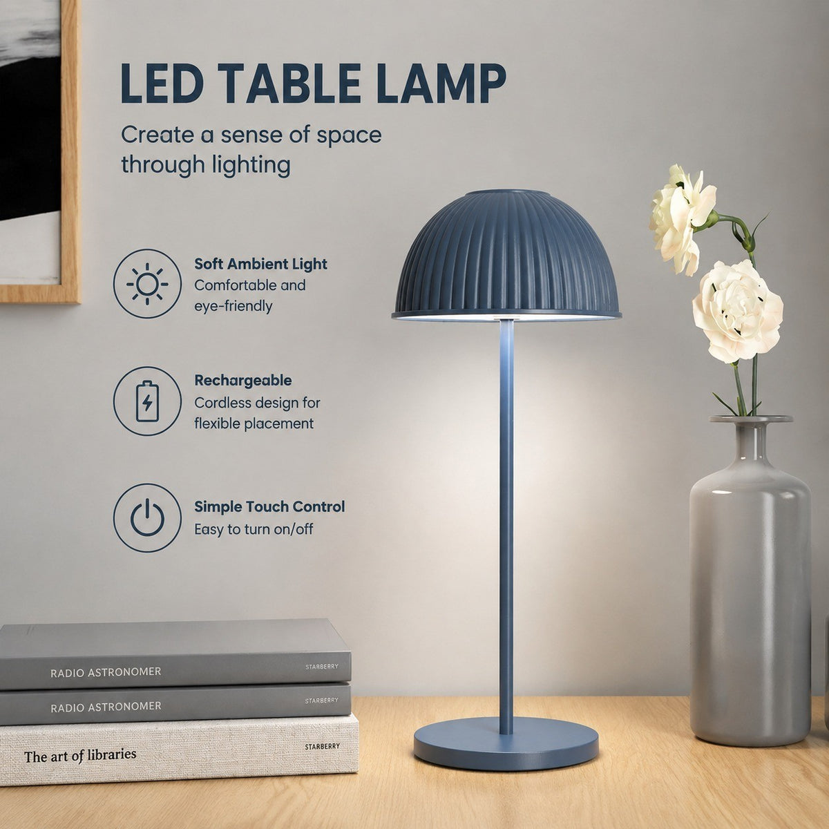 LED Rechargeable Table Lamp, Dimmable Bedside Night Light, Modern Decor for Bedroom Desk
