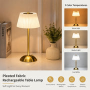 Pleated Fabric Metal Table Lamp, Rechargeable Touch Night Light, 3 Color, Bedside