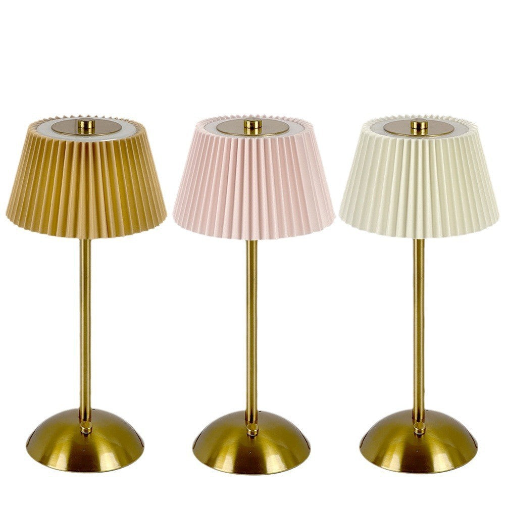 Pleated Fabric Metal Table Lamp, Rechargeable Touch Night Light, 3 Color, Bedside