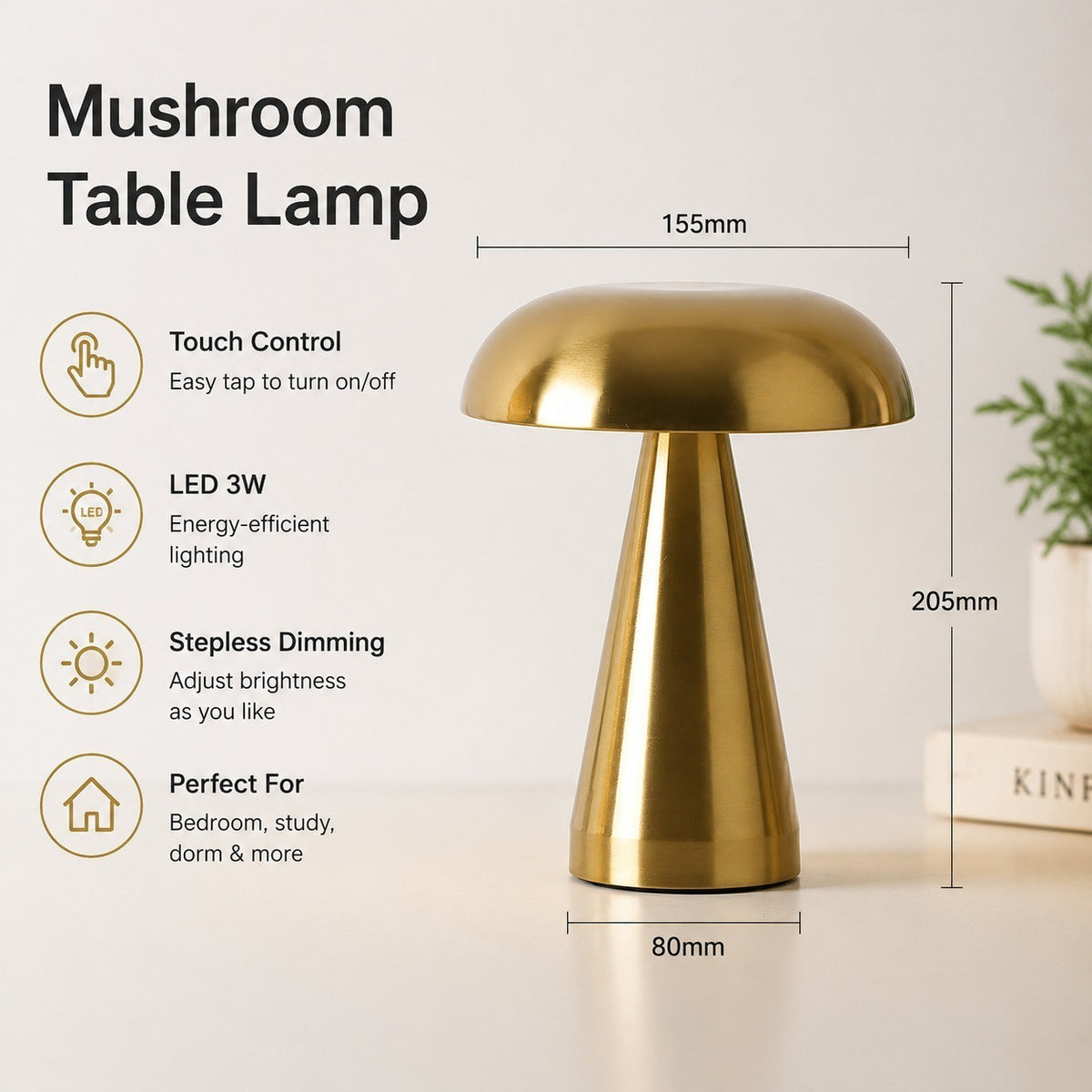 Mushroom Desk Lamp, Metal Rechargeable Night Light, Bedroom Study Dorm Table Lamp