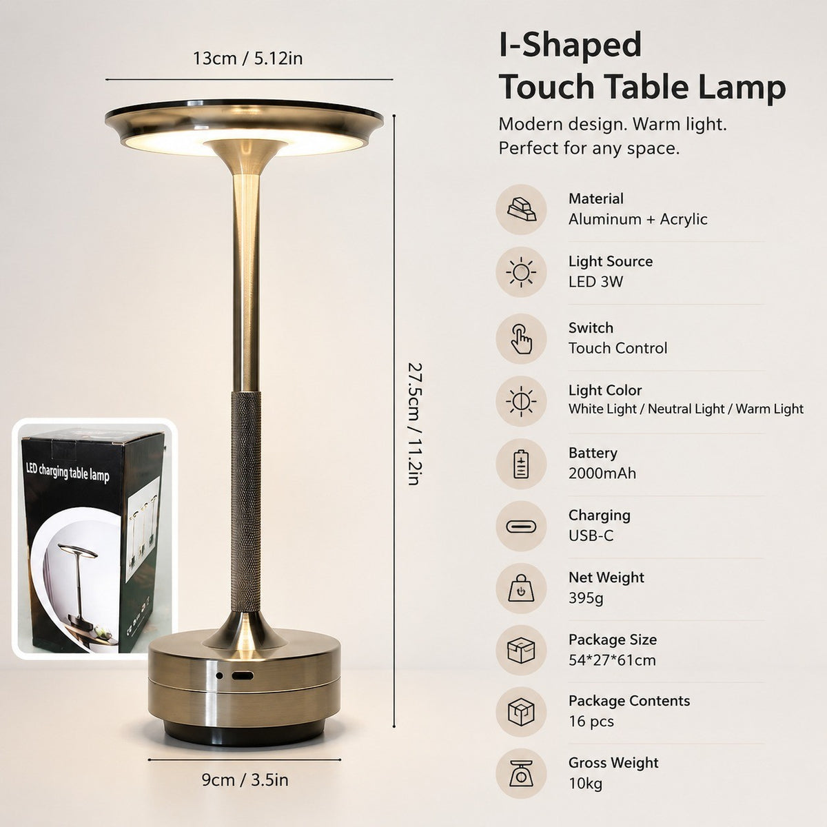 USB Rechargeable Touch Table Lamp, Aluminum I-Shaped, Eye Protection LED Night Light