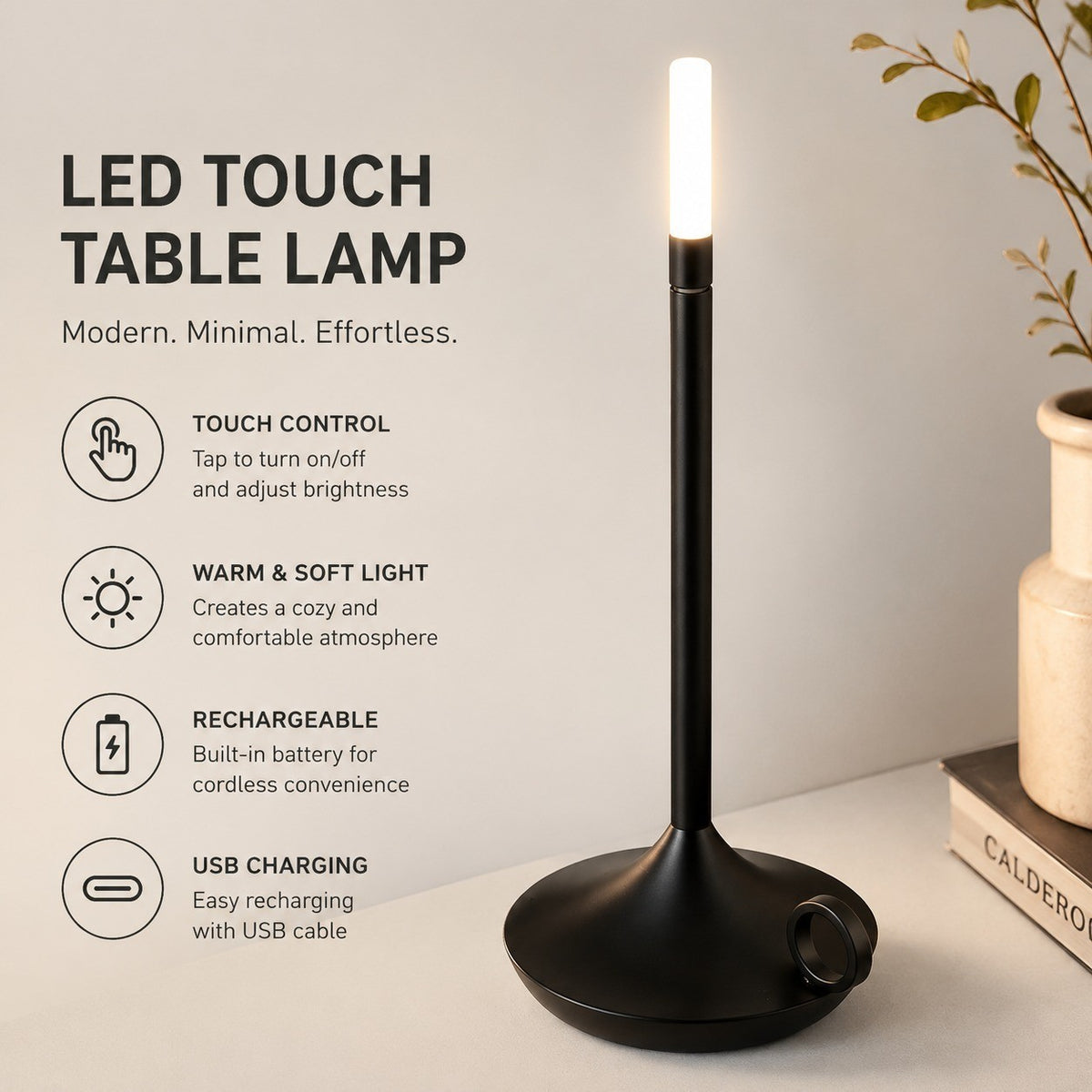 LED Touch Table Lamp, USB Rechargeable, Wireless, Metal Modern Night Light