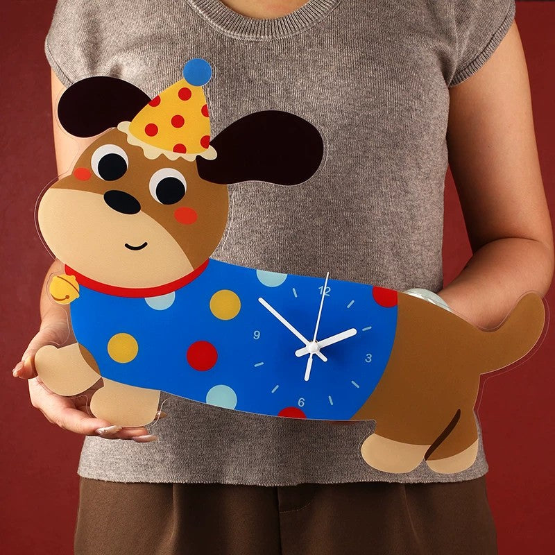 Polka-Dot Dachshund Cartoon Dog Wall Clock, Frameless 3 mm Panel