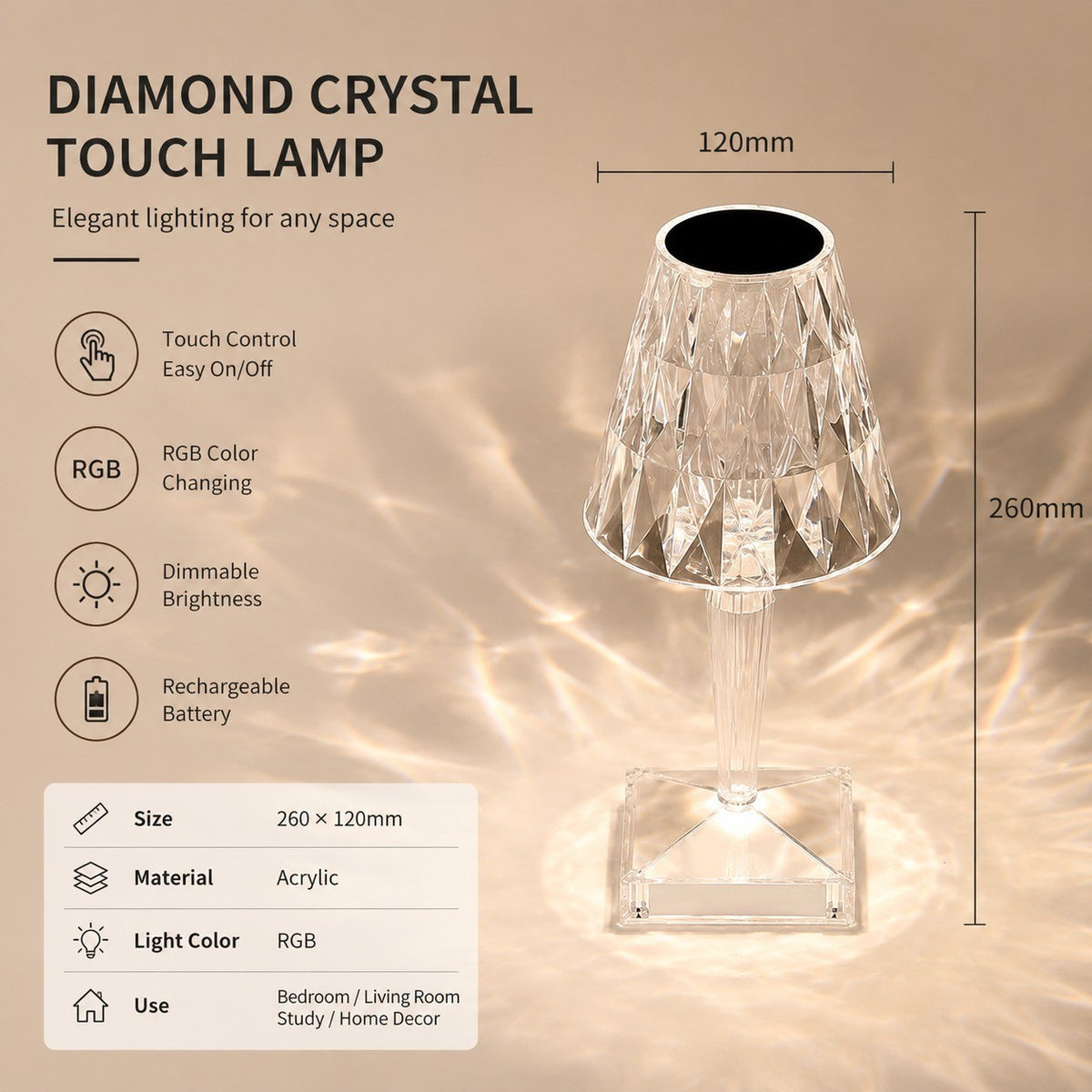 Diamond Crystal Touch Table Lamp, Dimmable Night Light, RGB Color Changing, Bedroom Decor