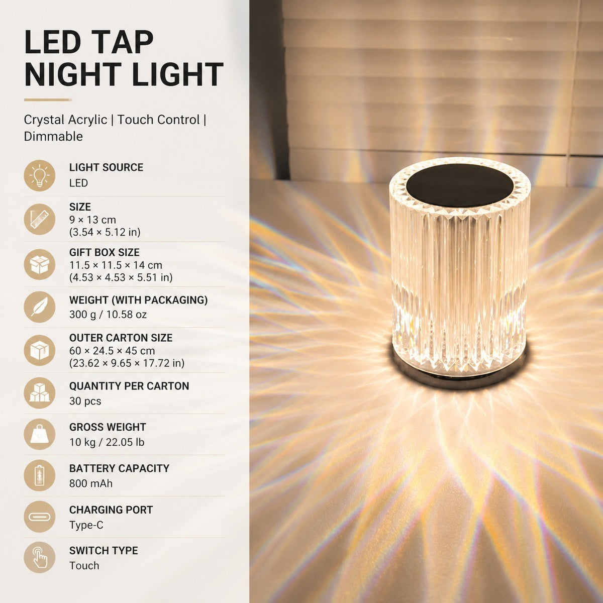 LED Tap Night Light, Dimmable Bedside Lamp, Rechargeable, 16 Color, Modern Minimalist Table