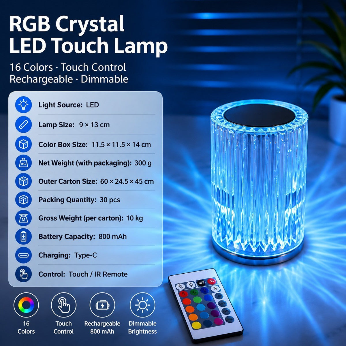 LED Tap Night Light, Dimmable Bedside Lamp, Rechargeable, 16 Color, Modern Minimalist Table
