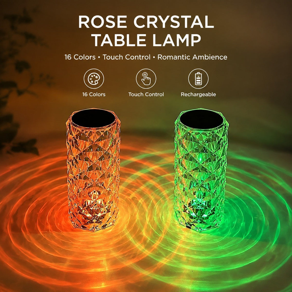 Rose Crystal Table Lamp, 16-Color Rechargeable, Touch Control, Romantic Bedroom Night Light
