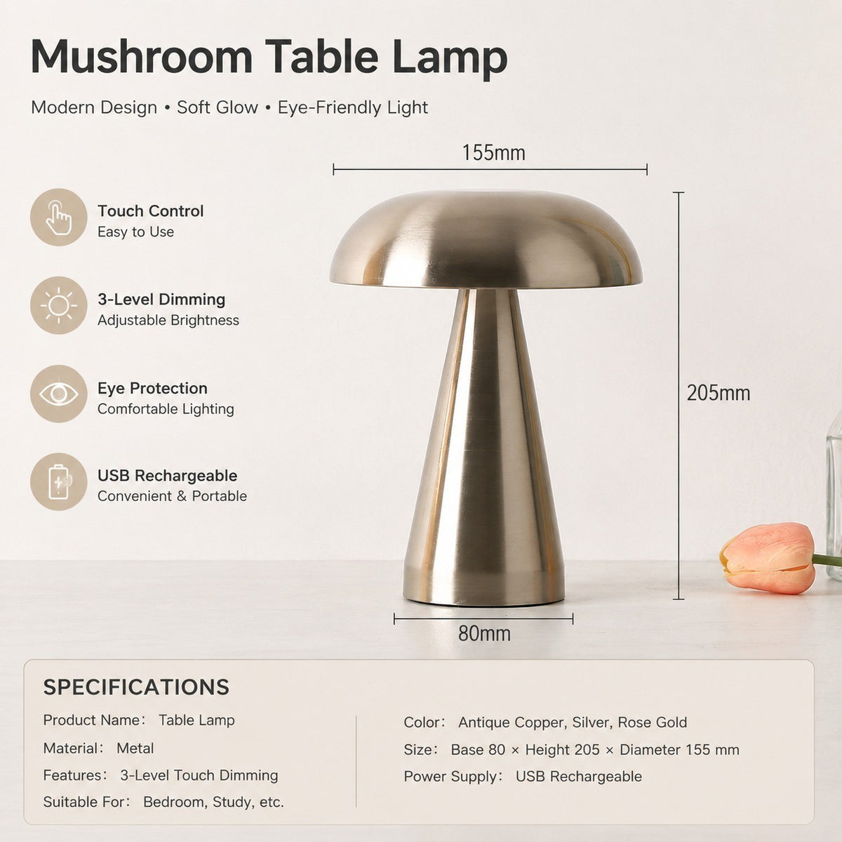 Metal Mushroom Table Lamp, USB Rechargeable Night Light, Touch Dimming, Eye-Protection, for