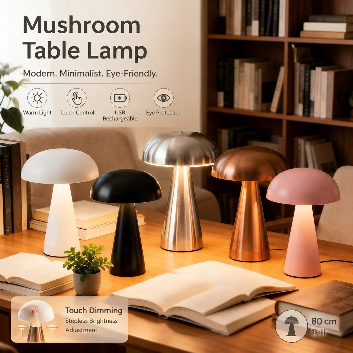 Metal Mushroom Table Lamp, USB Rechargeable Night Light, Touch Dimming, Eye-Protection, for