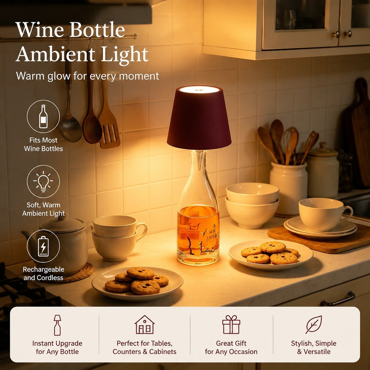 Rechargeable Wine Bottle Night Light, Decorative Ambient Light for Dining Table