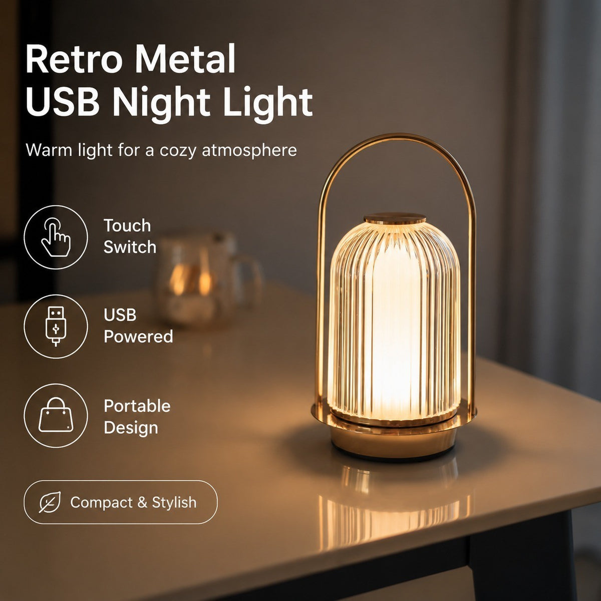 Retro Metal USB Night Light, Portable Table Lamp, Touch Switch, Acrylic Shade, Bedroom Decor