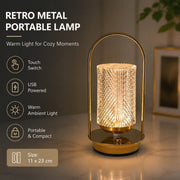 Retro Metal USB Night Light, Portable Table Lamp, Touch Switch, Acrylic Shade, Bedroom Decor
