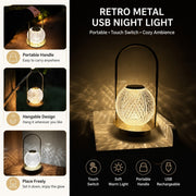 Retro Metal USB Night Light, Portable Table Lamp, Touch Switch, Acrylic Shade, Bedroom Decor