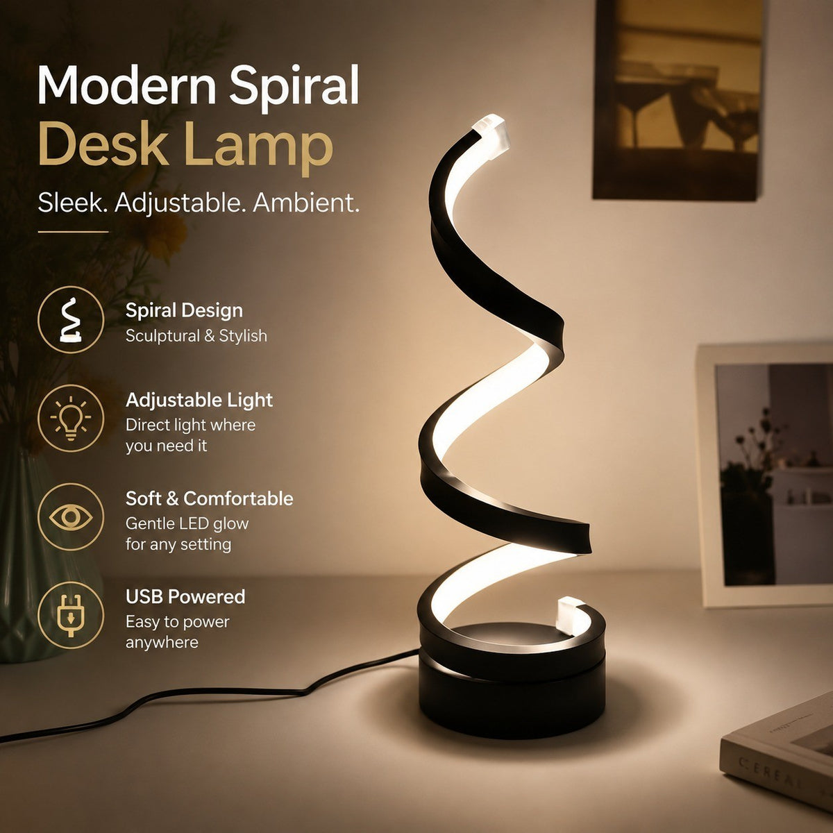 Modern Spiral Desk Lamp, Adjustable LED USB Powered, Light Luxury, EU CE Certified Table