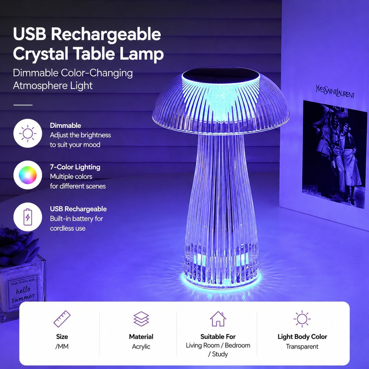 USB Rechargeable Crystal Table Lamp, Dimmable Color-Changing Night Light, Eye-Protection