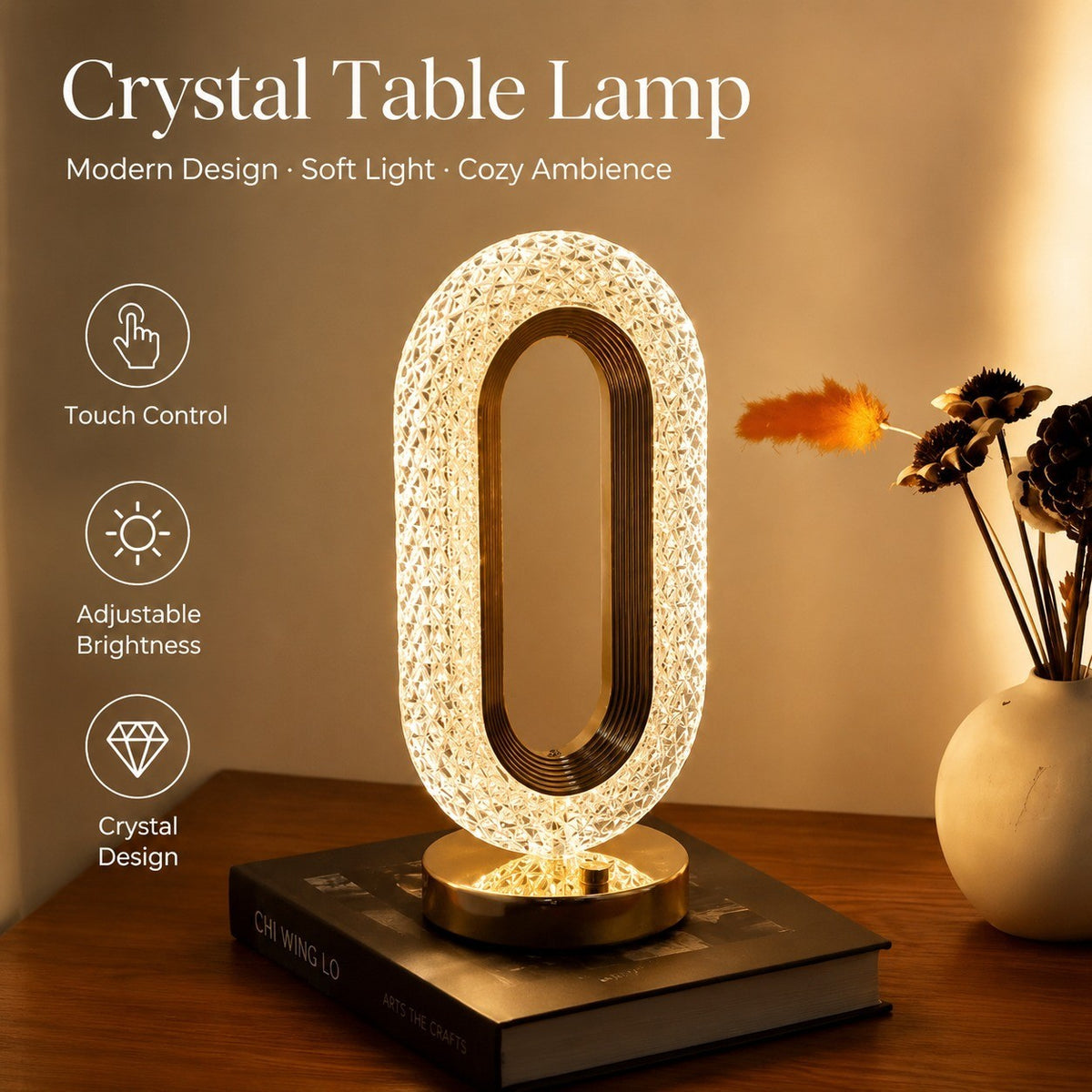 Crystal Table Lamp for Bedroom, Touch Night Light with Adjustable Brightness, Modern LED