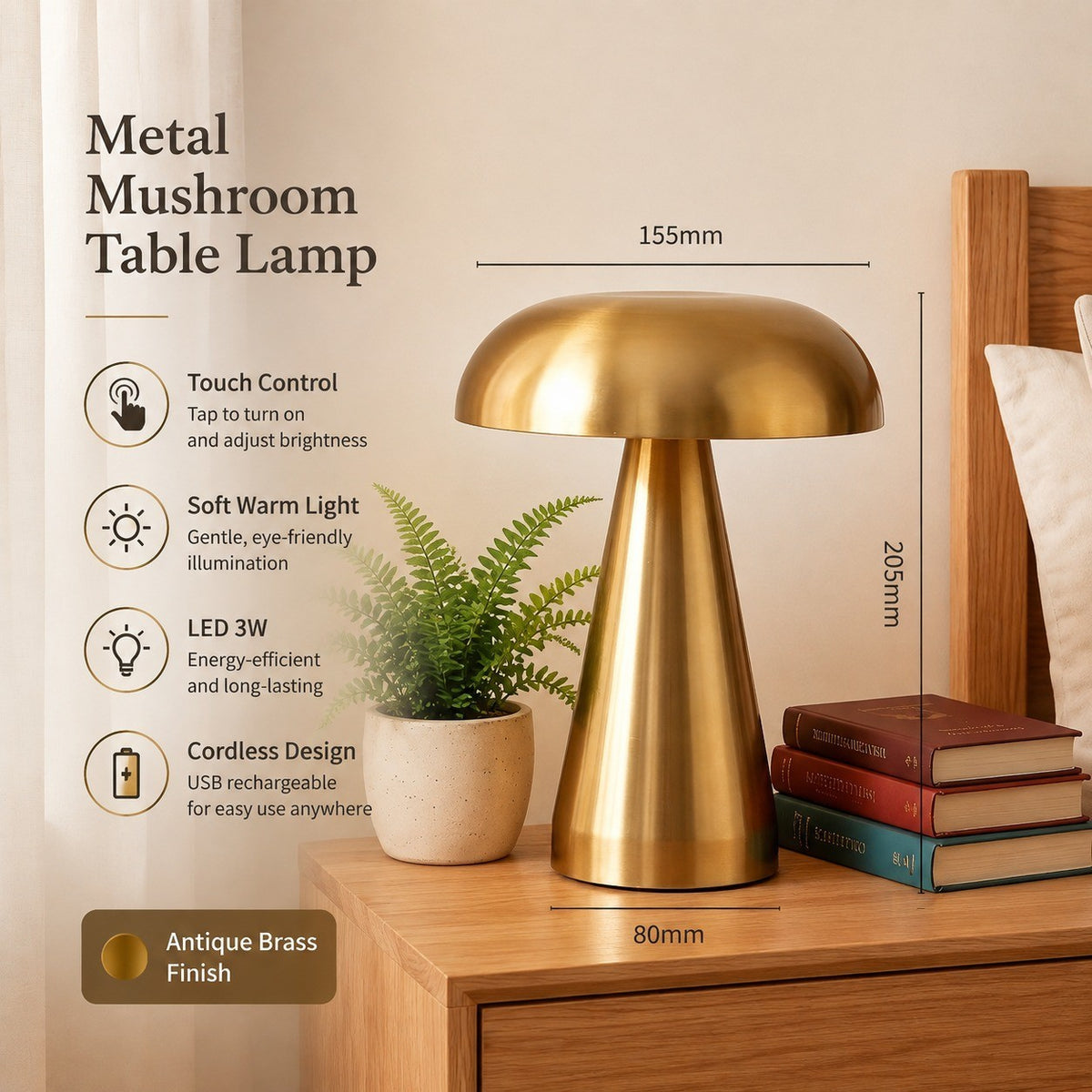 Metal Mushroom Table Lamp, USB Rechargeable Night Light, Touch Dimming, Eye-Protection, for