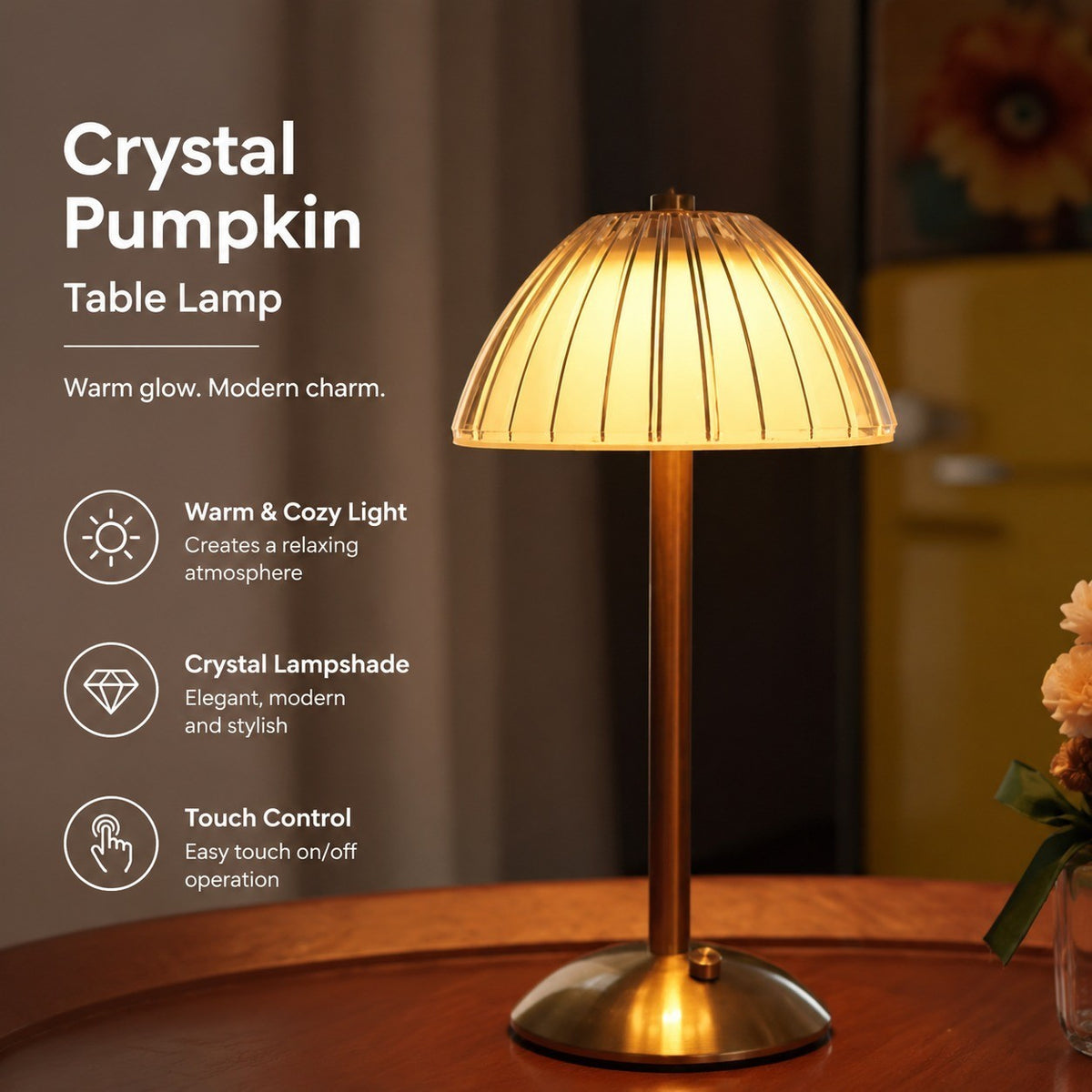 Crystal Pumpkin Night Light, Touch Lamp with Charging, Modern Minimalist Bedside Table