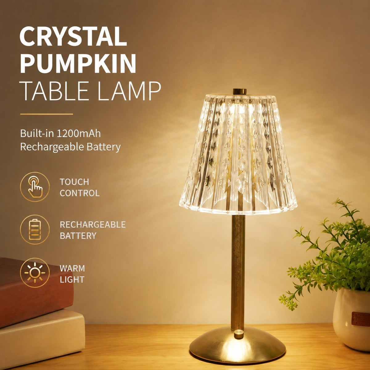 Crystal Pumpkin Night Light, Touch Lamp with Charging, Modern Minimalist Bedside Table