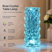 Rose Crystal Table Lamp, 16-Color Rechargeable, Touch Control, Romantic Bedroom Night Light