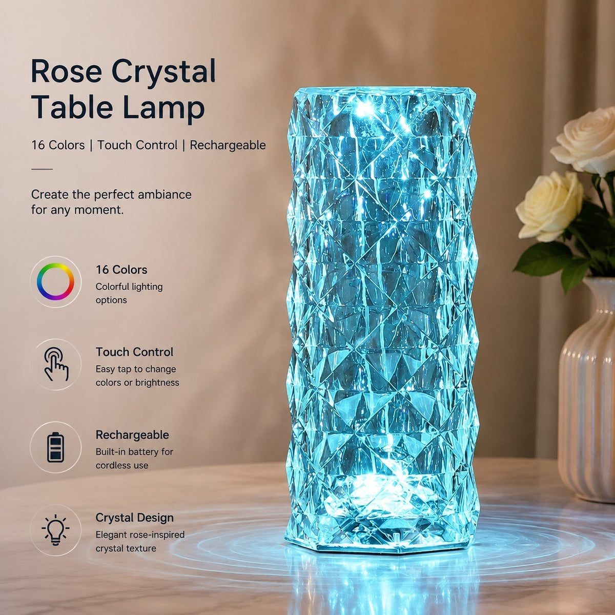 Rose Crystal Table Lamp, 16-Color Rechargeable, Touch Control, Romantic Bedroom Night Light
