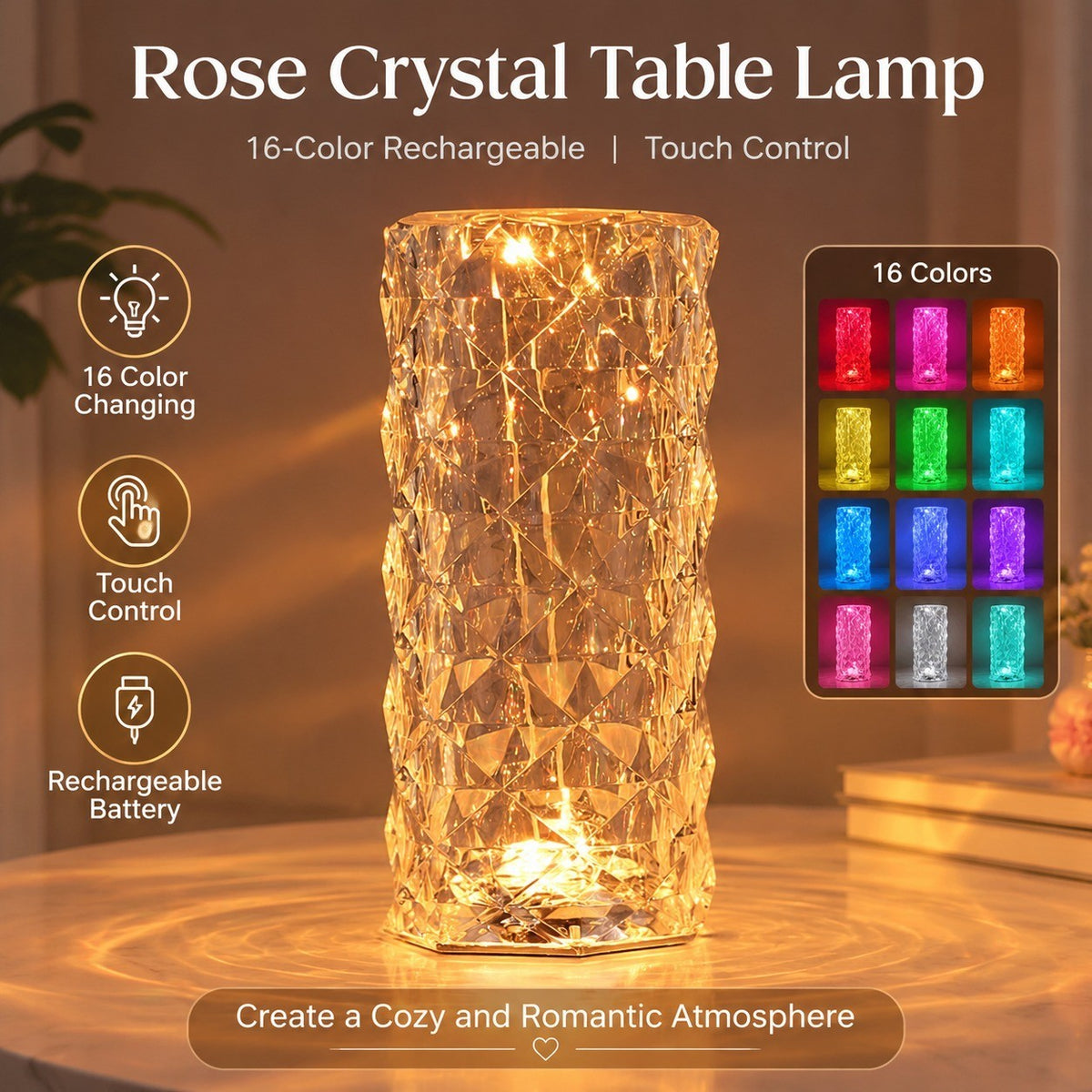 Rose Crystal Table Lamp, 16-Color Rechargeable, Touch Control, Romantic Bedroom Night Light