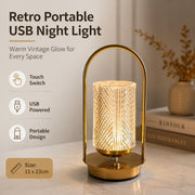 Retro Metal USB Night Light, Portable Table Lamp, Touch Switch, Acrylic Shade, Bedroom Decor