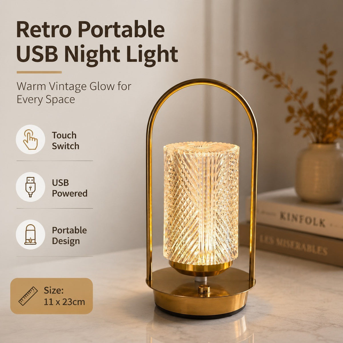 Retro Metal USB Night Light, Portable Table Lamp, Touch Switch, Acrylic Shade, Bedroom Decor