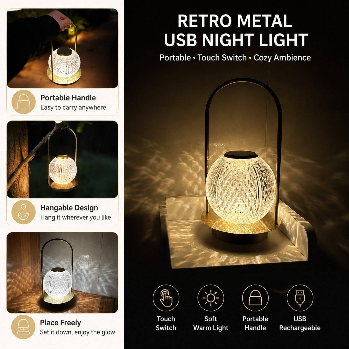 Retro Metal USB Night Light, Portable Table Lamp, Touch Switch, Acrylic Shade, Bedroom Decor