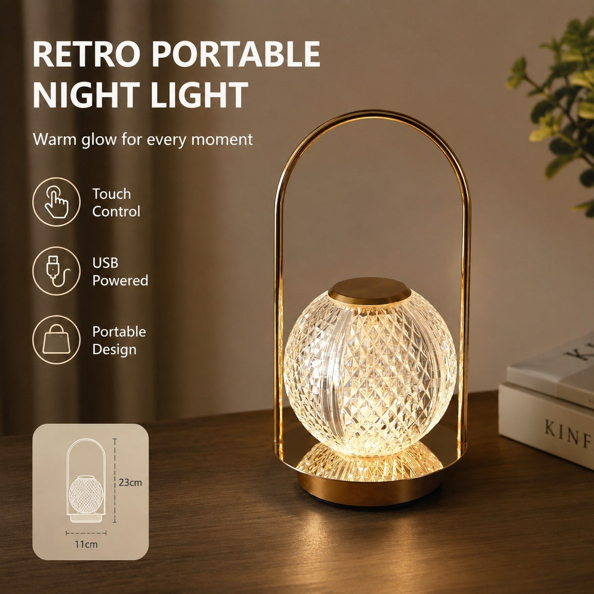 Retro Metal USB Night Light, Portable Table Lamp, Touch Switch, Acrylic Shade, Bedroom Decor