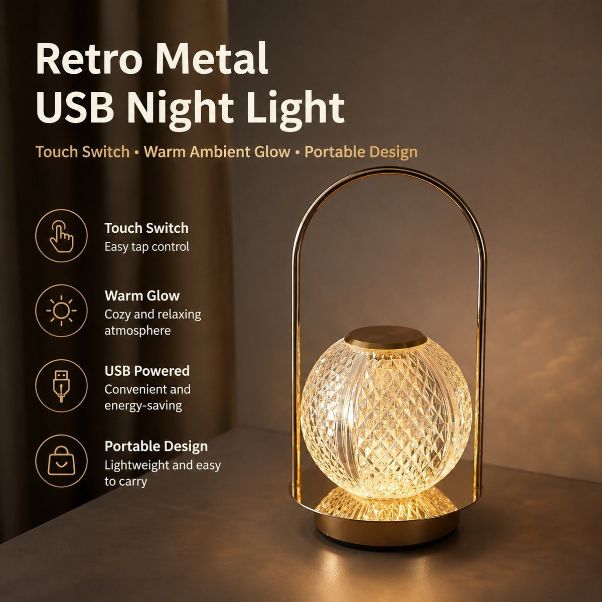 Retro Metal USB Night Light, Portable Table Lamp, Touch Switch, Acrylic Shade, Bedroom Decor