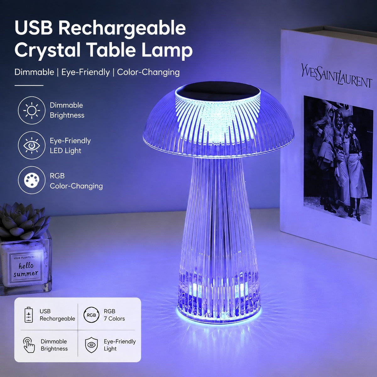 USB Rechargeable Crystal Table Lamp, Dimmable Color-Changing Night Light, Eye-Protection