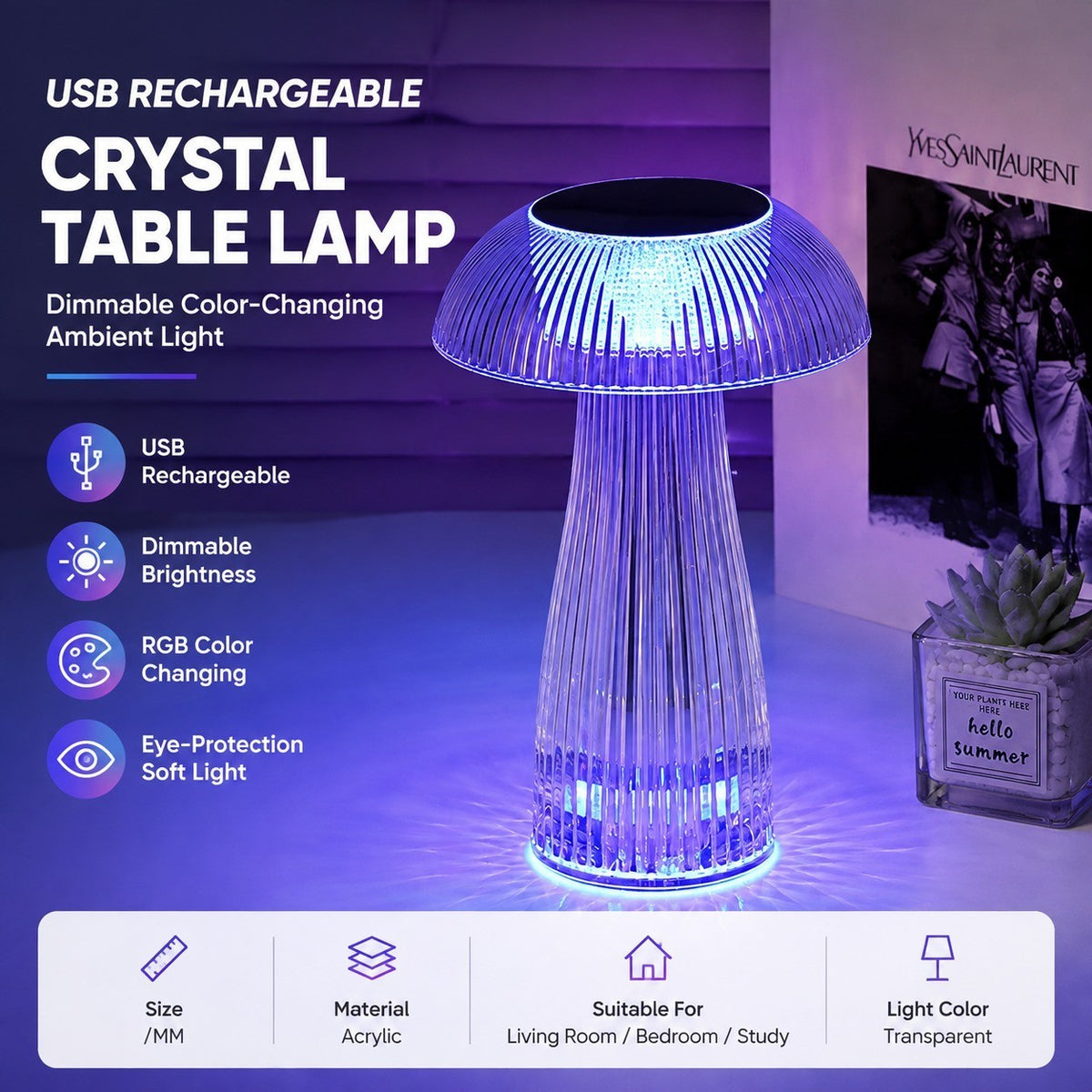 USB Rechargeable Crystal Table Lamp, Dimmable Color-Changing Night Light, Eye-Protection
