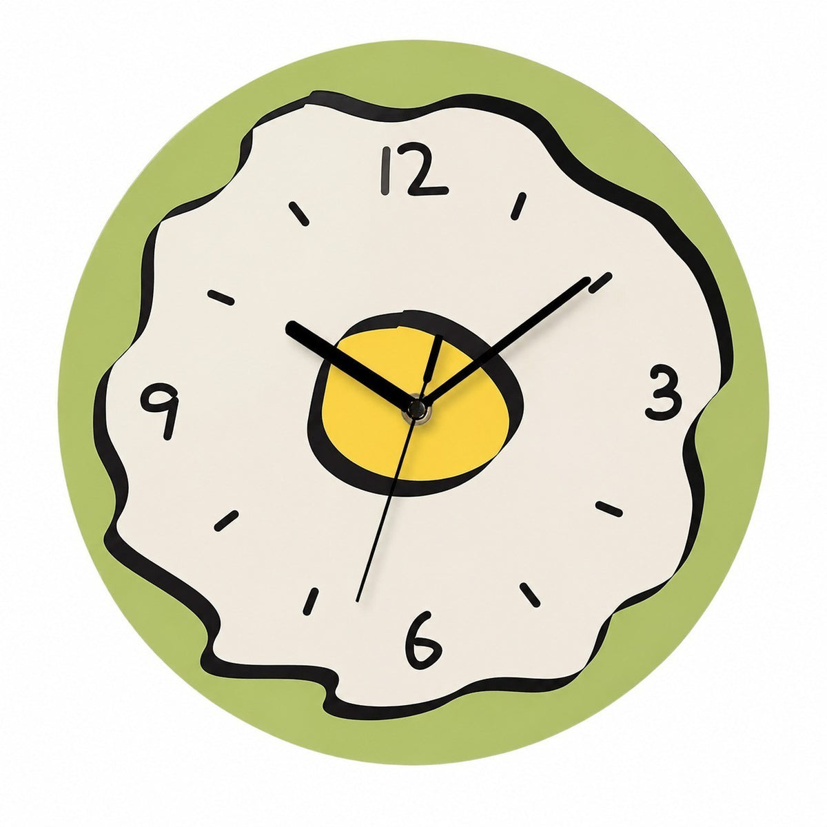 Rings Cartoon Silent Wall Clock, Cream Style, Frameless, Battery Powered – Green Fried Egg / Large, 30 cm Diameter