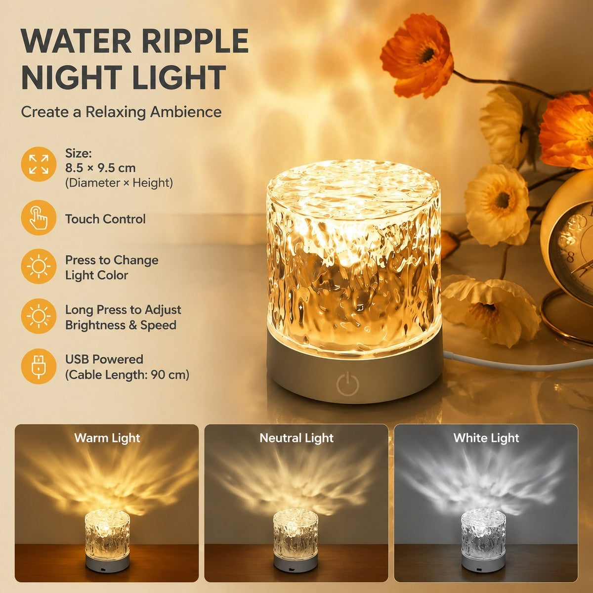 Water Ripple Night Light, Bedside Table Lamp, Stepless Dimming, Ambient Mood Projection