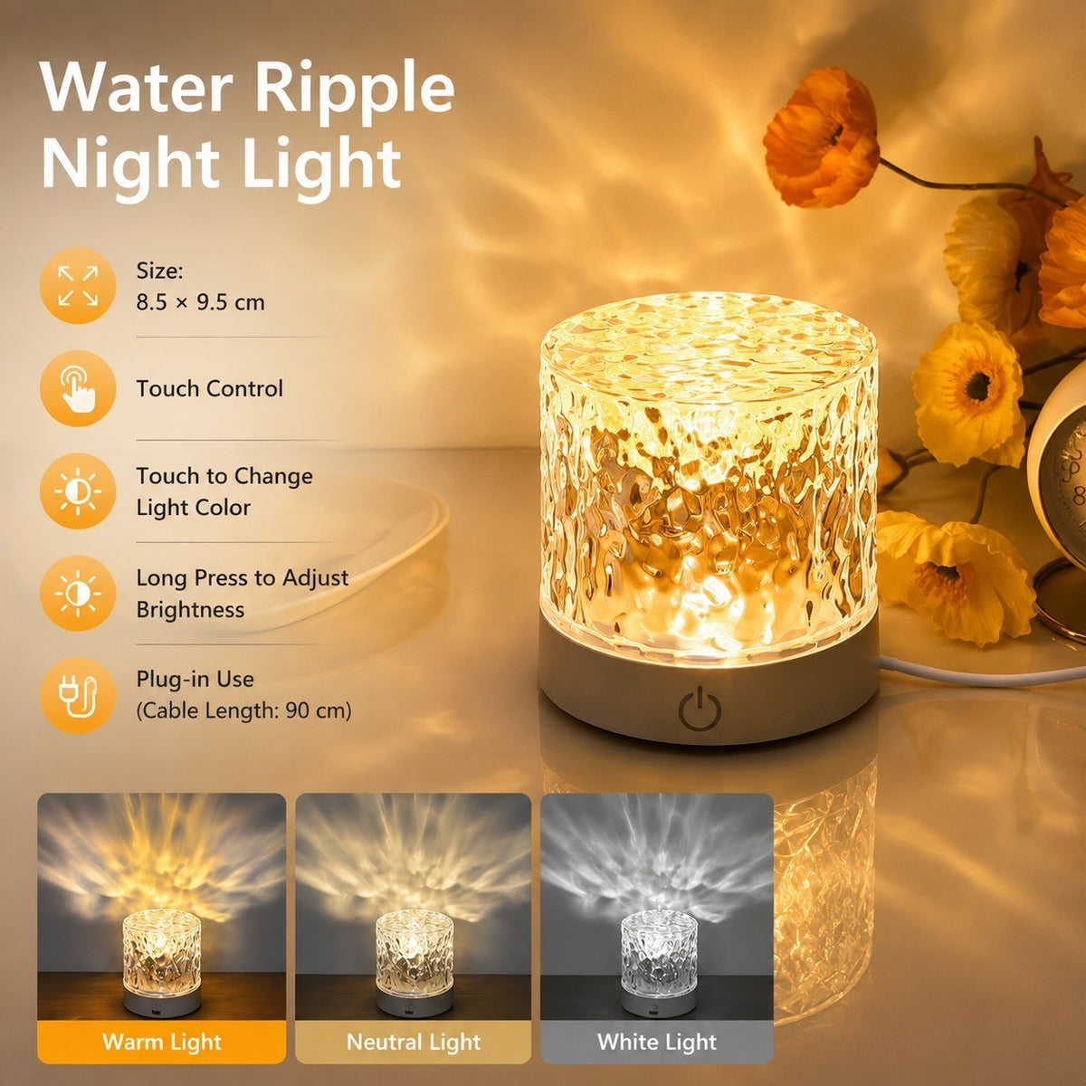 Water Ripple Night Light, Bedside Table Lamp, Stepless Dimming, Ambient Mood Projection