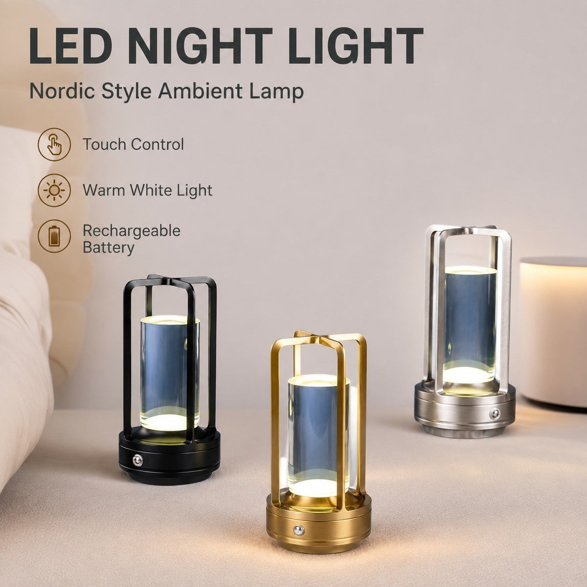 Rechargeable LED Night Light, Touch Aluminum Table Lamp, USB, Bedside Camping Decor