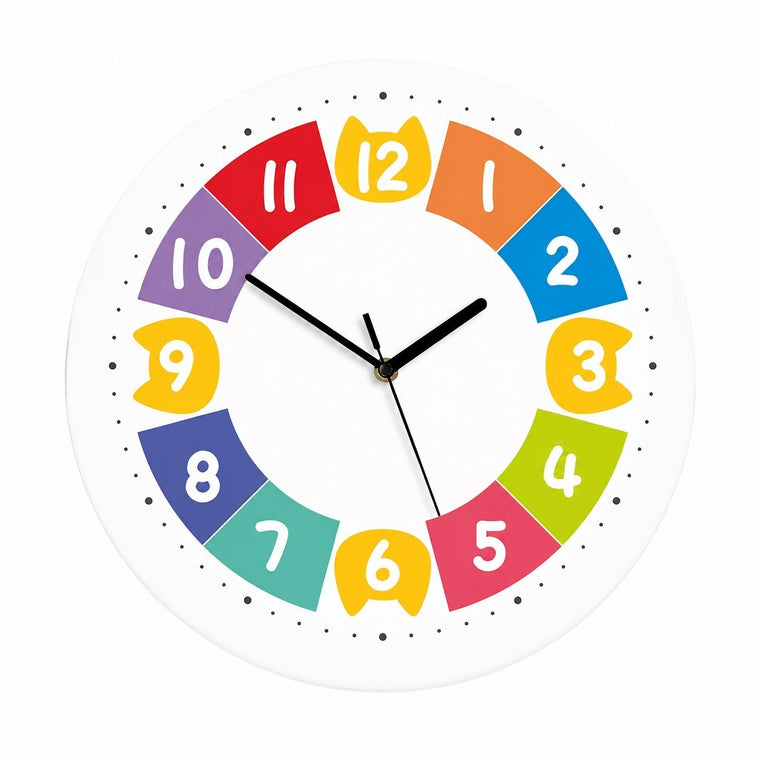 Children's Learning Wall Clock, 24-Hour Numeral Dial, Frameless 3mm Panel – Colorful Childhood, 12-Hour Dial with Minute Marks / 30 x 30 cm (Large)