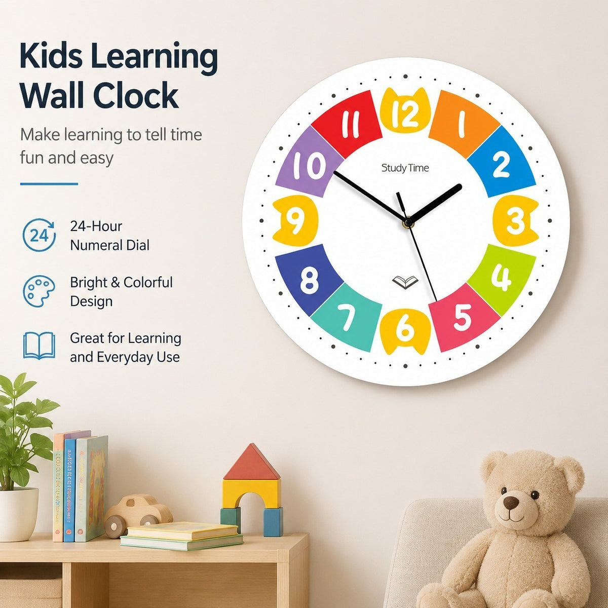 Children's Learning Wall Clock, 24-Hour Numeral Dial, Frameless 3mm Panel