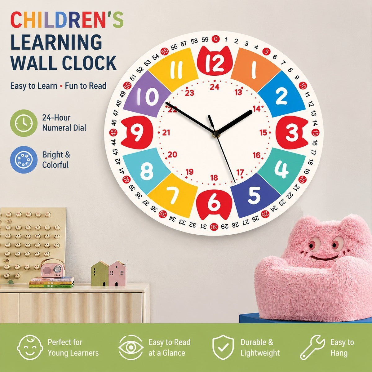 Children's Learning Wall Clock, 24-Hour Numeral Dial, Frameless 3mm Panel