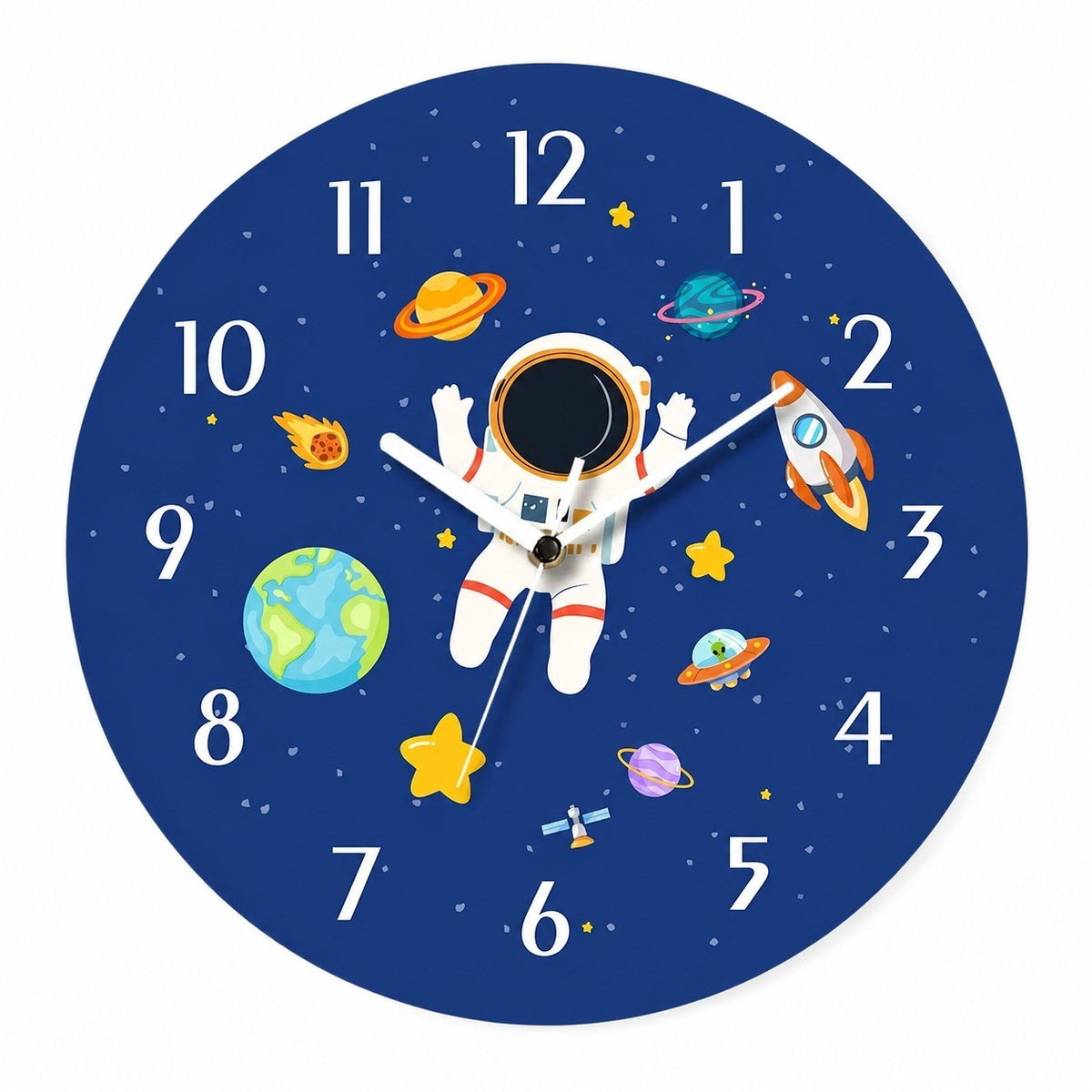 Children's Animal Cartoon Wall Clock, Frameless 3mm Acrylic, Kids Bedroom Decor – Space Adventure / 30 x 30 cm