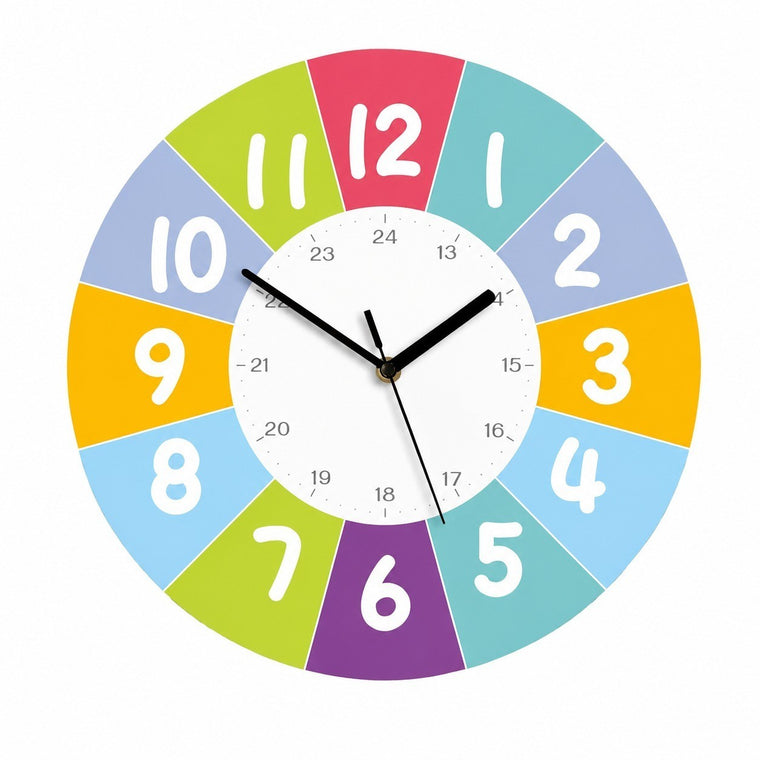 Children's Learning Wall Clock, 24-Hour Numeral Dial, Frameless 3mm Panel – Vivid Colors, 24-Hour Full Numeral Dial / 40 x 40 cm (Extra Large)