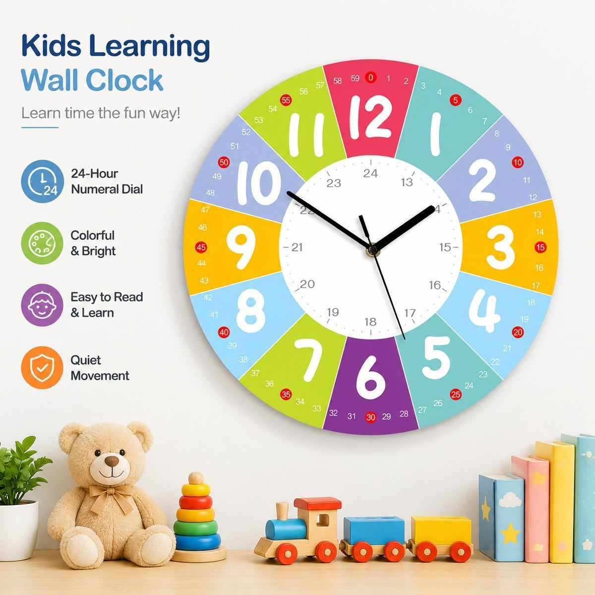 Children's Learning Wall Clock, 24-Hour Numeral Dial, Frameless 3mm Panel