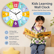 Children's Learning Wall Clock, 24-Hour Numeral Dial, Frameless 3mm Panel