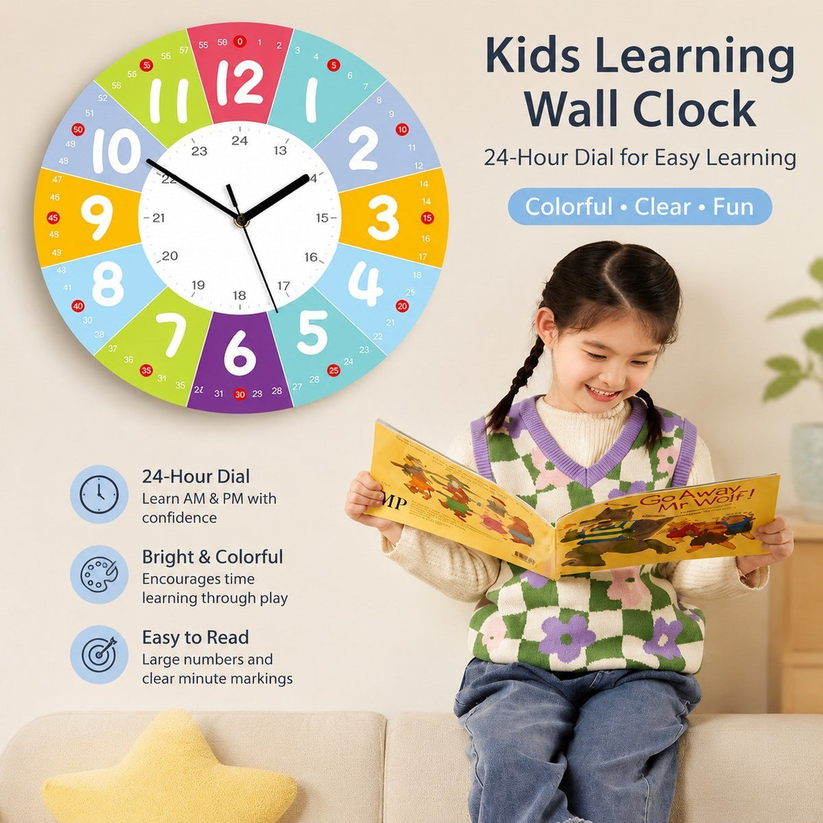 Children's Learning Wall Clock, 24-Hour Numeral Dial, Frameless 3mm Panel