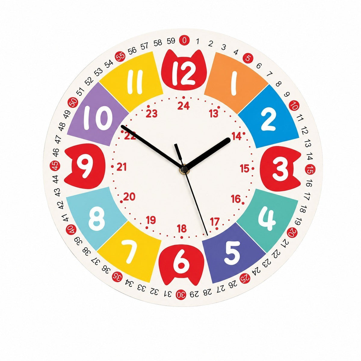 Children's Learning Wall Clock, 24-Hour Numeral Dial, Frameless 3mm Panel – Colorful Childhood, 24-Hour Full Numeral Dial / 40 x 40 cm (Extra Large)