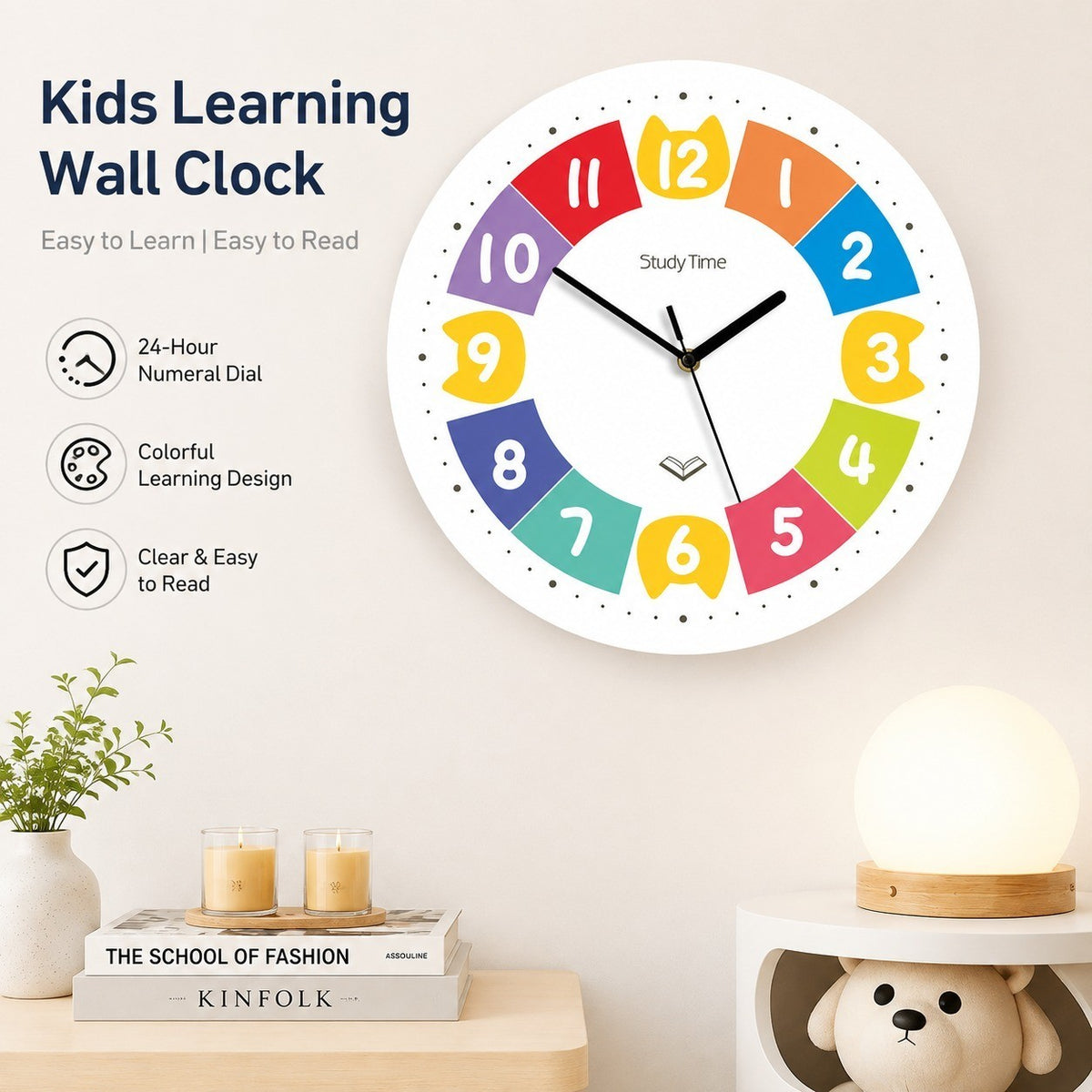 Children's Learning Wall Clock, 24-Hour Numeral Dial, Frameless 3mm Panel