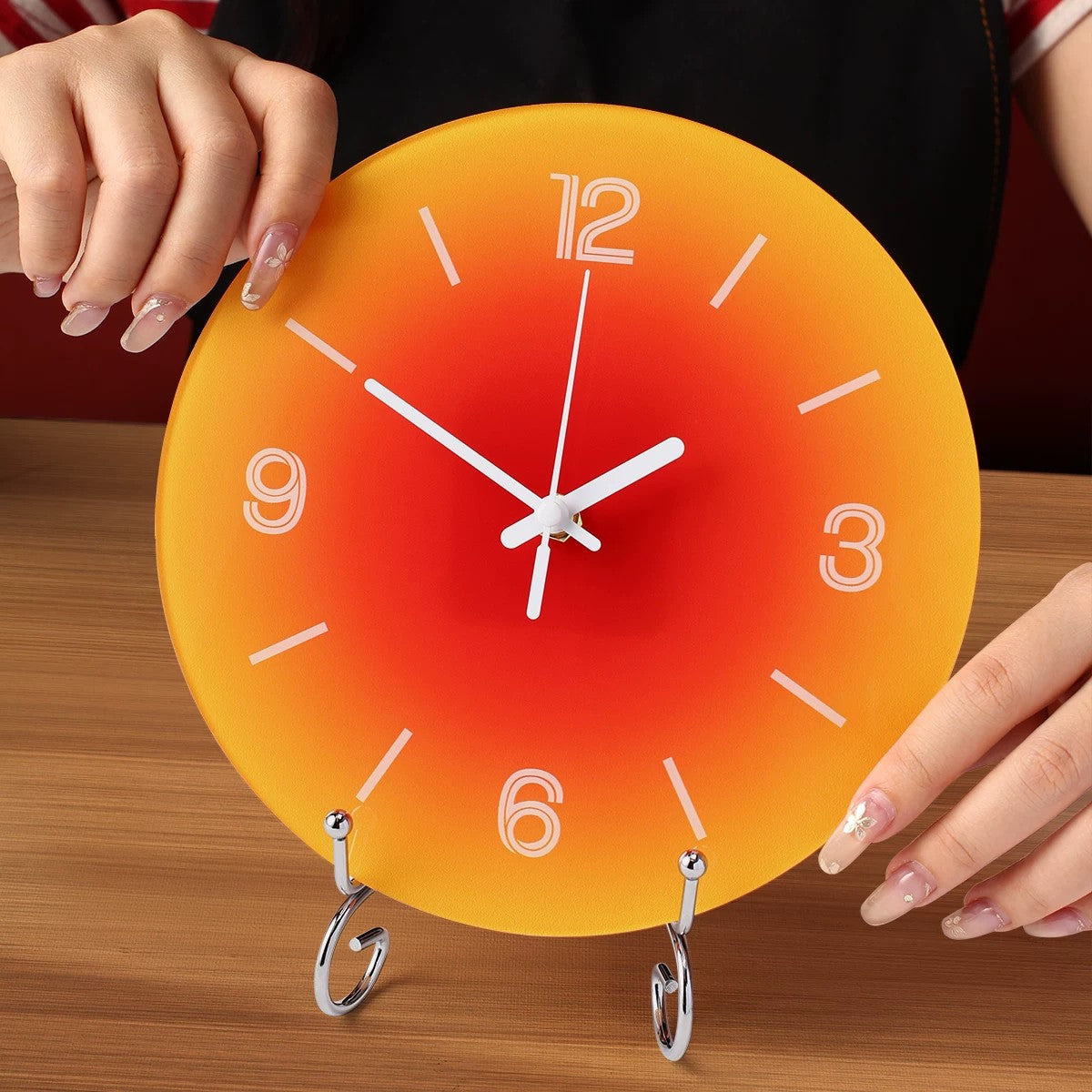 Modern Round Table Clock with Stand, Frameless 3 mm Panel, Sunset Design for Living Room